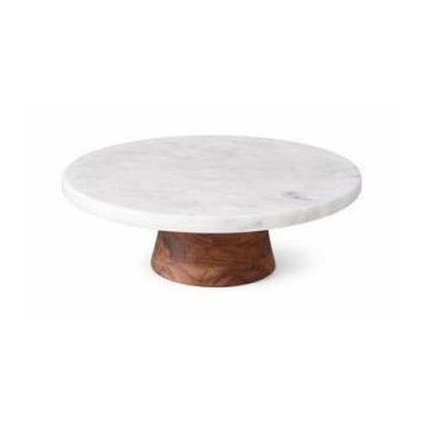 White marble cake stand with wooden base